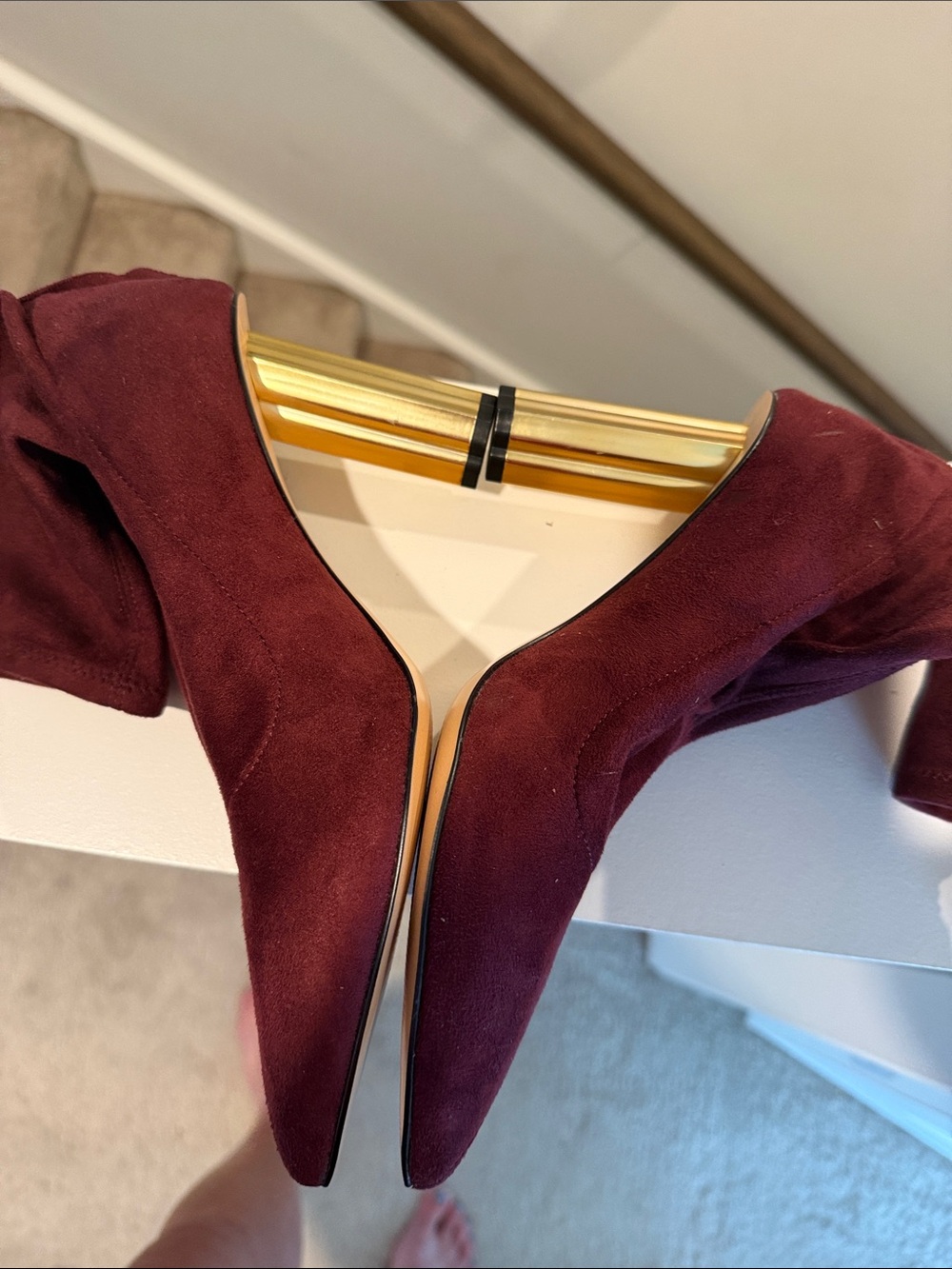 Women's Burgundy Suede Ankle Boots Gold Block Heel KATY PERRY HIGH BOOTIE 8 8 M - Picture 4 of 7